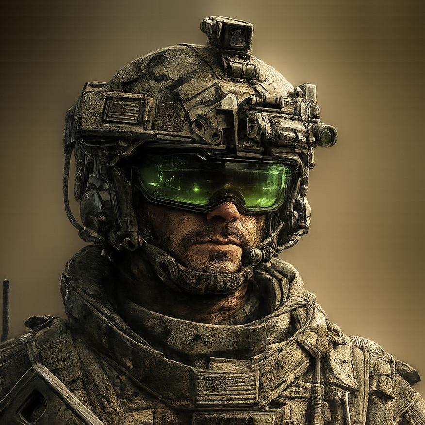 Image of a combatant wearing the EMB Military Helmet with Smart Visor.